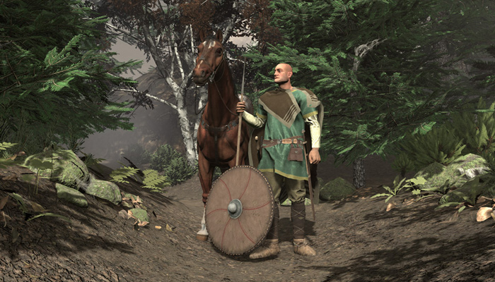 Alamannic horseman warrior before the attack in the VR environment