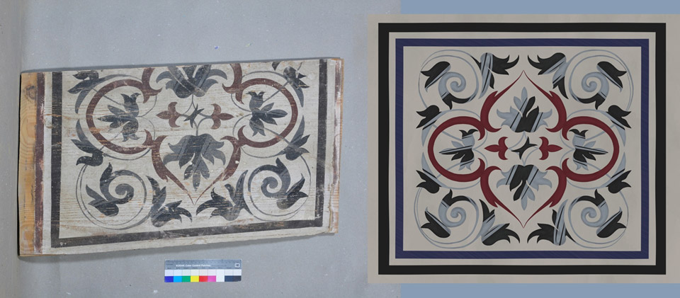 Original filling board of the ceiling on the left and next to it the digital reconstruction