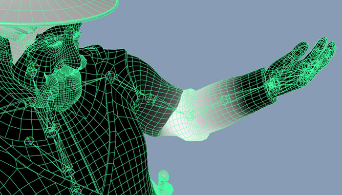 Am Computermodell wird der Einflussbereich jedes digitalen Skelettgelenks per Hand auf die Figur gezeichnet und abgestimmt.