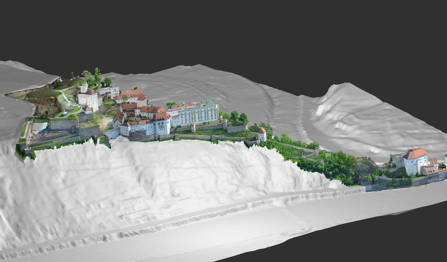 3D survey of the fortress with its very extensive building stock incl. the surrounding terrain