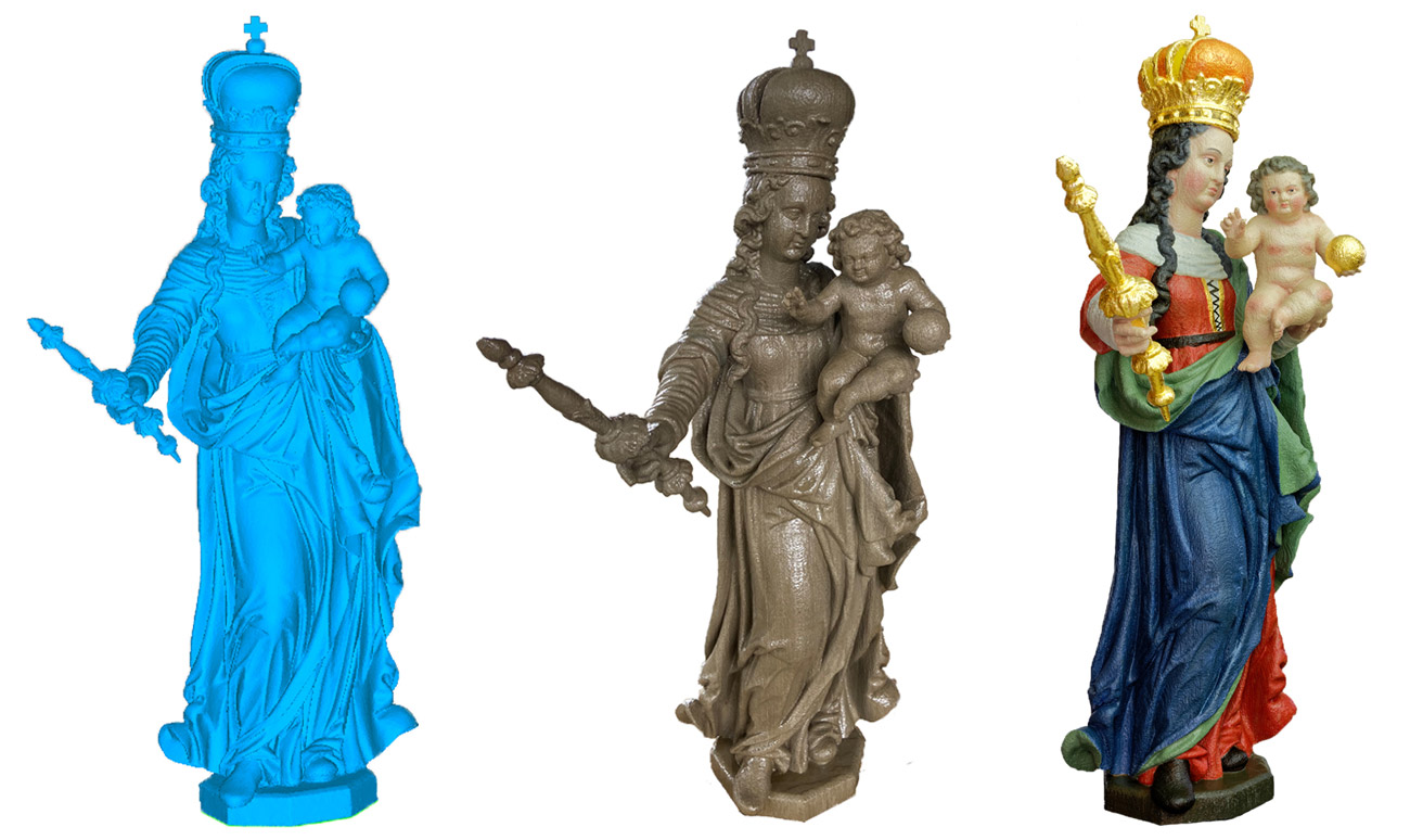 Marienfigur Landau. Links: 3D-Vermessungsdaten; Mitte: 3D-Betondruck infiltriert; Rechts: Vergoldete und bemalte Marienfigur mit Jesu Kind, im Auftrag vom Bistum Passau