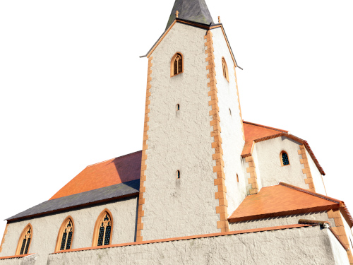3D-Rekonstruktion Kirche Erbes-Büdesheim auf dem digitalisierten Fundament der archäologischen Ausgrabung